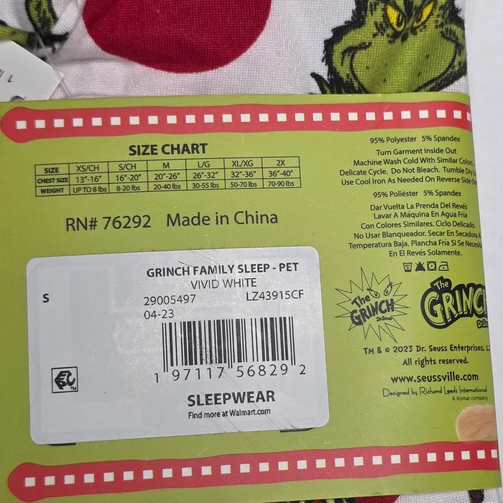 Dr Seuss The Grinch Family Pet Pajamas Small White Holiday Dog PJs Size S